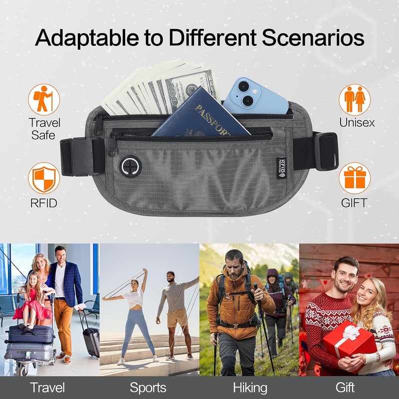 Arouselove Slim RFID Blocking Money Belt for Travel - Anti-Theft Hidden Passport Holder Waist Wallet with Secure Pouch for Cash, Credit Cards & Phone Safe (Grey) - Image 4